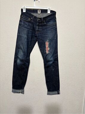 Tellason ladbroke grove tapered Jeans with Red Sashiko Patch Detail